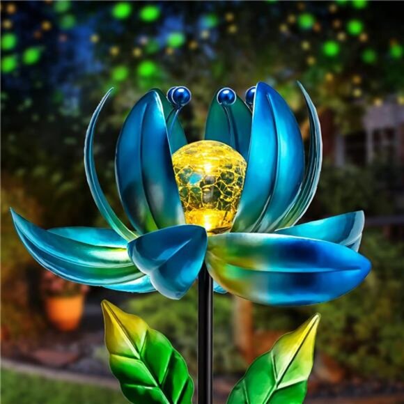 Solar Garden Lights Metal Flower Decor, Colorful Spinning Windmill Lotus Pathway - Picture 1 of 7